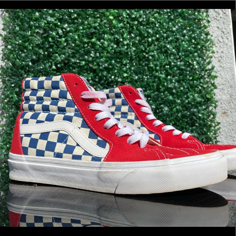 High Top Red, White and Blue checkered Vans